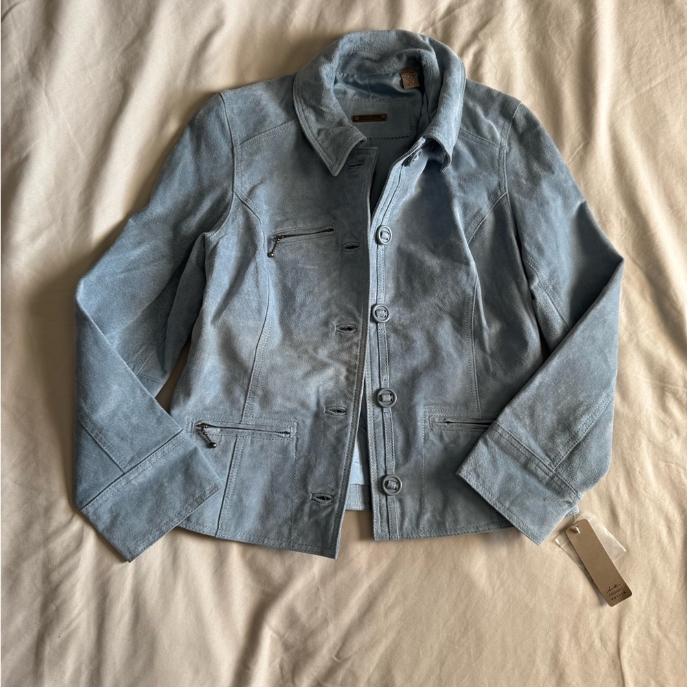 Blue suede button down jacket